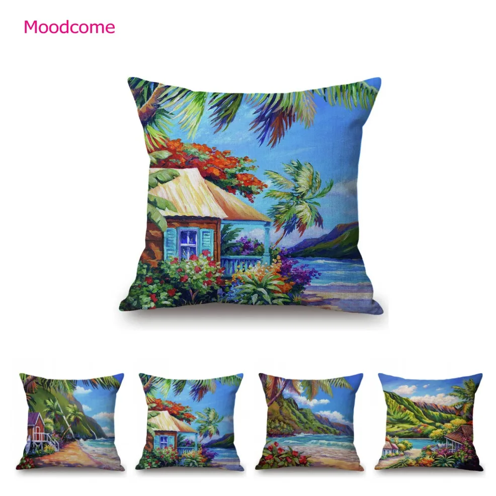 Summer Hawaii Beach Paradise Coconut Tree Dream Life Cottage Oil Painting Sofa Pillow Case Linen Decoration Art Cushion Cover