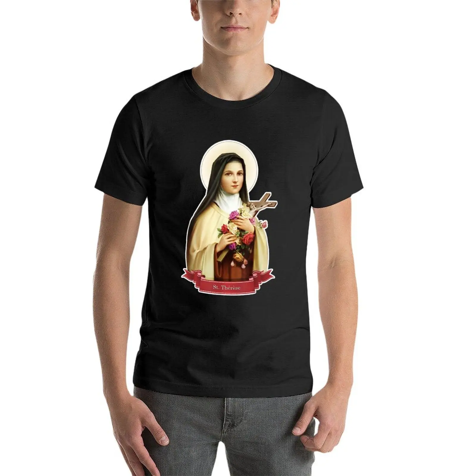 T-shirt homme, estival et surdimensionné, Sainte Thérèse de Lisieux, avec petite fleur, rose catholique