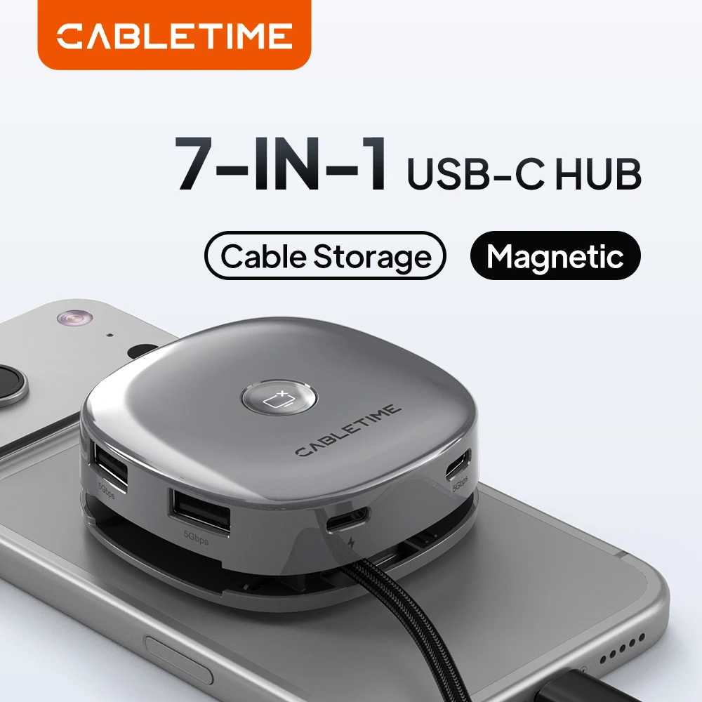 CABLETIME 7 IN 1 USB C HUB Magnetic HUB 4K@60Hz Resolution 5Gbps Fast Data Transmission SD/TF 3.0 for Laptop iPhone 17 pro