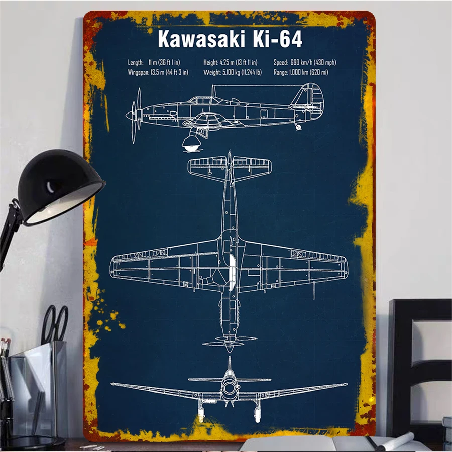 Kawasaki Ki-64 Blueprint Metal Wall Art Vintage Aircraft Decor for Aviation Enthusiasts Home Office Decoration