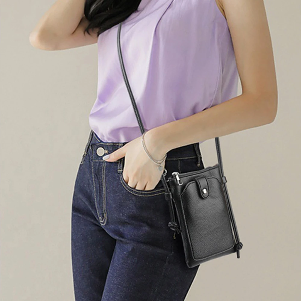 

Triple Pocket PU Leather Phone Crossbody Bag Slim Lightweight Travel Outdoor Purse Women's Solid Minimalist Shoulder Bag