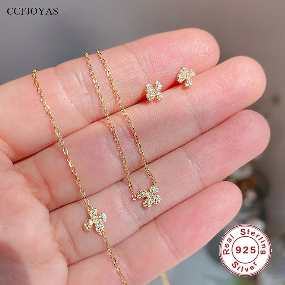 

CCFJOYAS 100% 925 Sterling Silver Mini Flower Pendant Necklace Bracelet Earrings Set for Women 18k Gold Plated Fine Jewelry Set