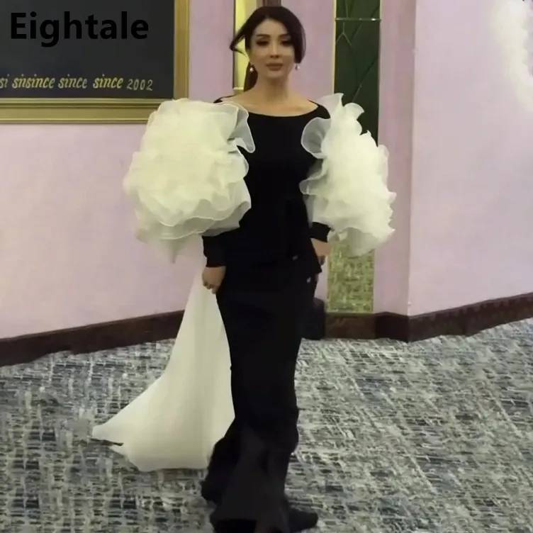 

Eightale Black And White Mermaid Evening Dress With Ruffles Long Sleeve Prom Gown Floor Length 2024 Customized