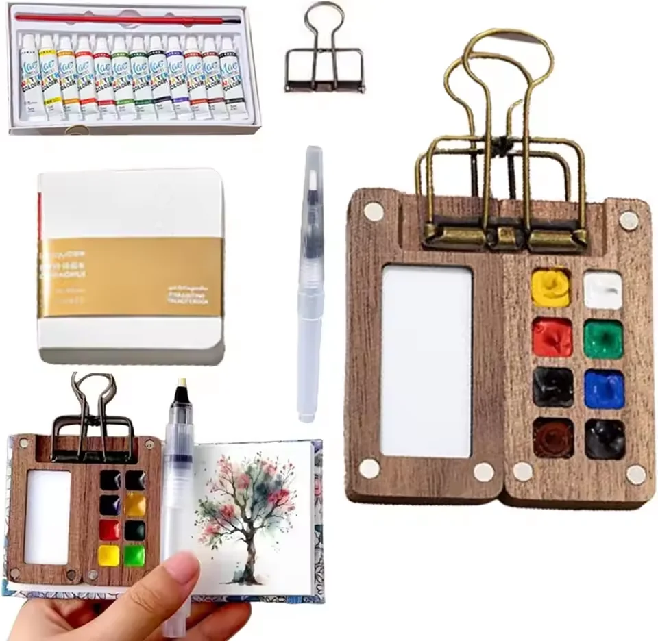 Travel Watercolor Paint Palette Set Portable Pocket Artist Watercolor Painting Kit with Clip Wooden 8/15 Grid Box Mini Color Set