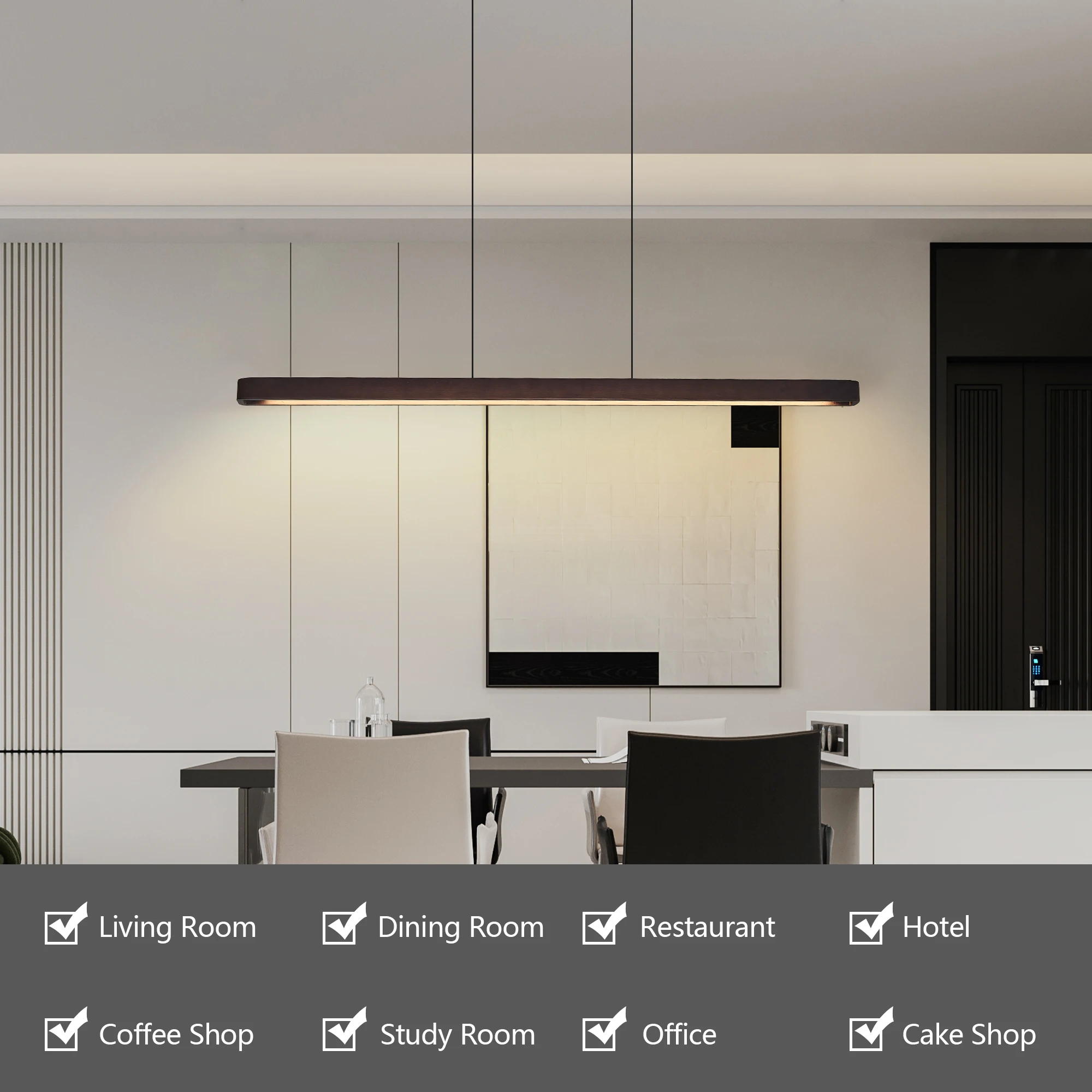 Arlgsite Minimalist 51" Wood Linear Pendant Light Fixture Led Dimmable Ceiling Pendant Hanging Light Adjustable Billiard Pool