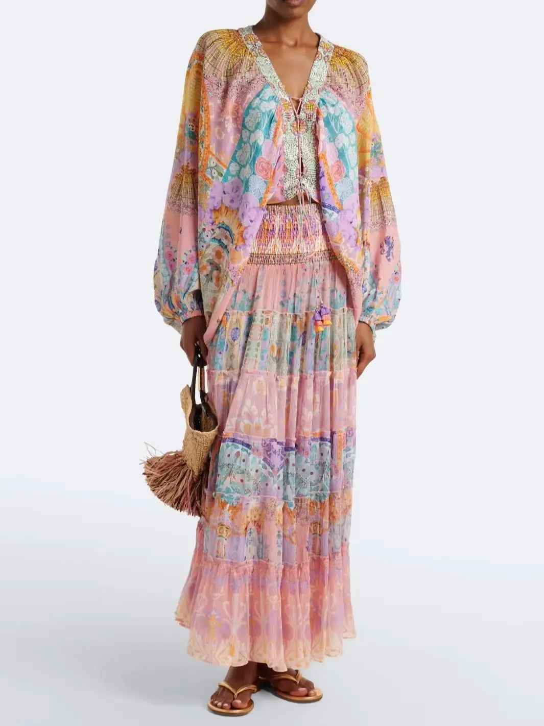 Women's Pink Print 2-Piece Set Elastic Waist Pleated Long Skirt + Beaded Embroidery V-Neck Lantern Sleeve Shirt 100% Silk Suit