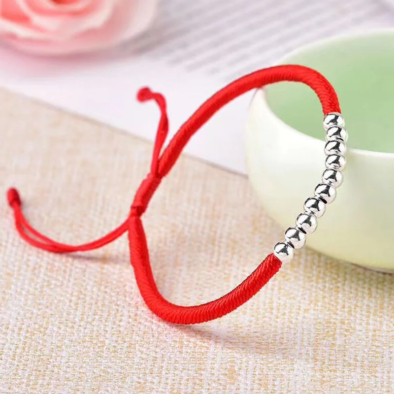 

Браслет из 100% серебра 925 пробы Lucky Bead - браслет ручной работы с красной нитью, подарок для пары, оптовая продажа на день рождения