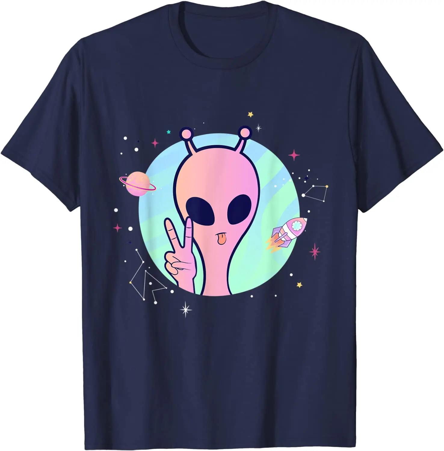 Peace Sign Hand Planet Stars UFO Cool Trippy Gift Pink Alien Men T-Shirt Cotton Daily Four Seasons Tees Cartoon Pattern