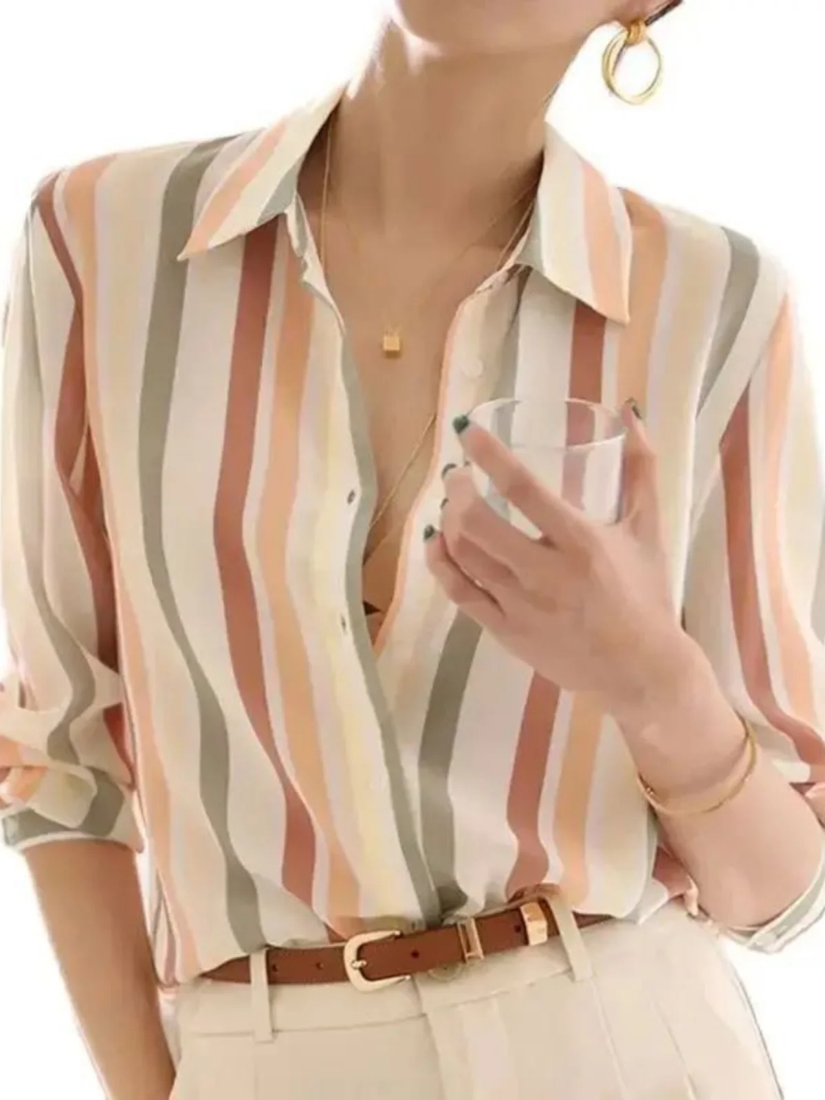 

Women's Long Sve Striped irt Top Classic Sli Fem Faion Pure Cotton Material No Brand Registered Trademark