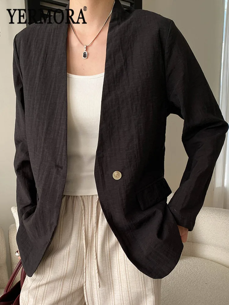 

YERMORA Black Texture Buckle Brief Casual Thin Blazer For Women V-Neck Long Sleeve Loose New Jacket Fashion Spring Summer 2026