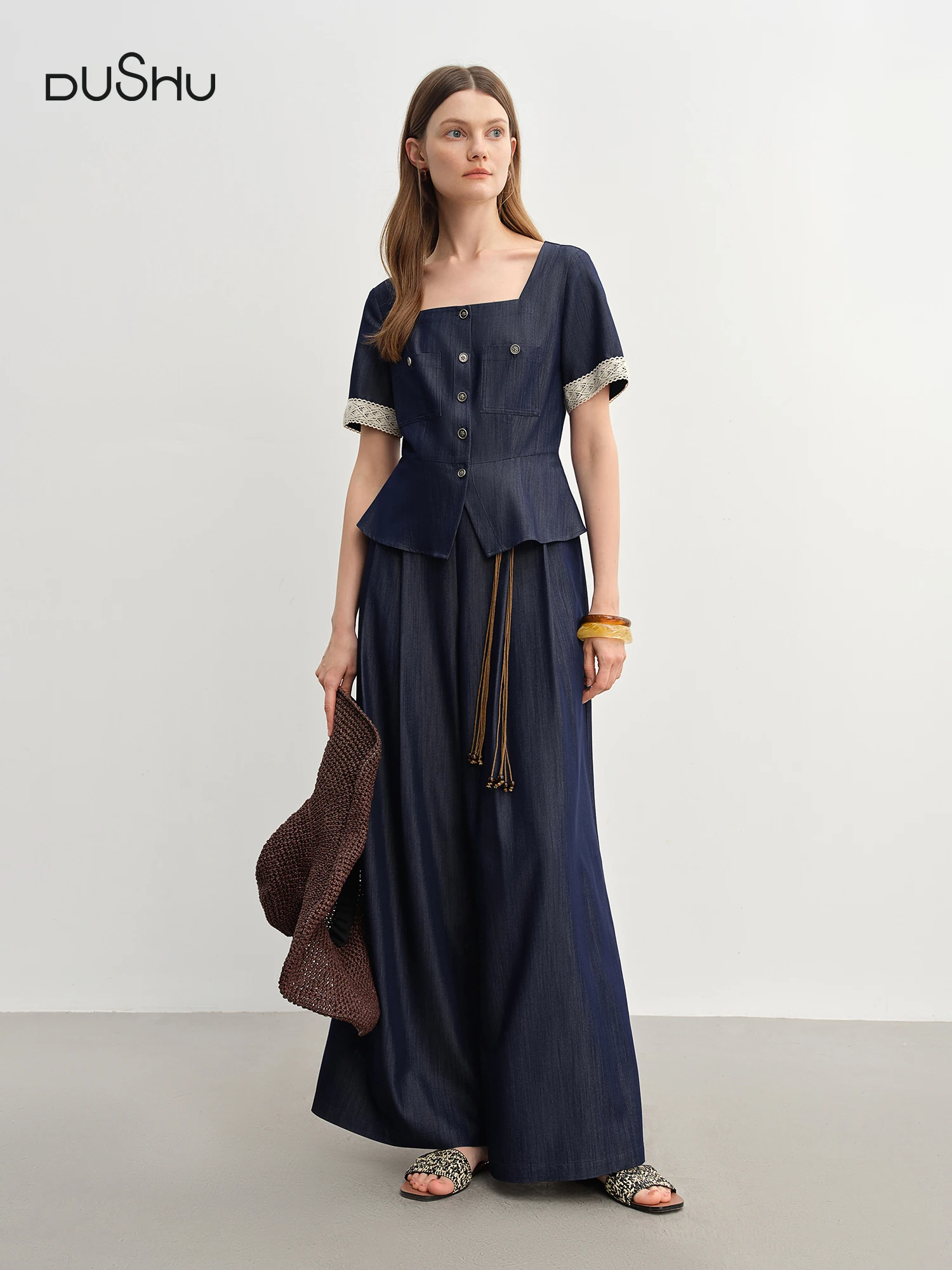 DUSHU femmes français Vintage dentelle col carré Blouse décontracté jambe large Tros 2025 nouvel ensemble inspiré du cowboy 25DS82923 + 25DS82925
