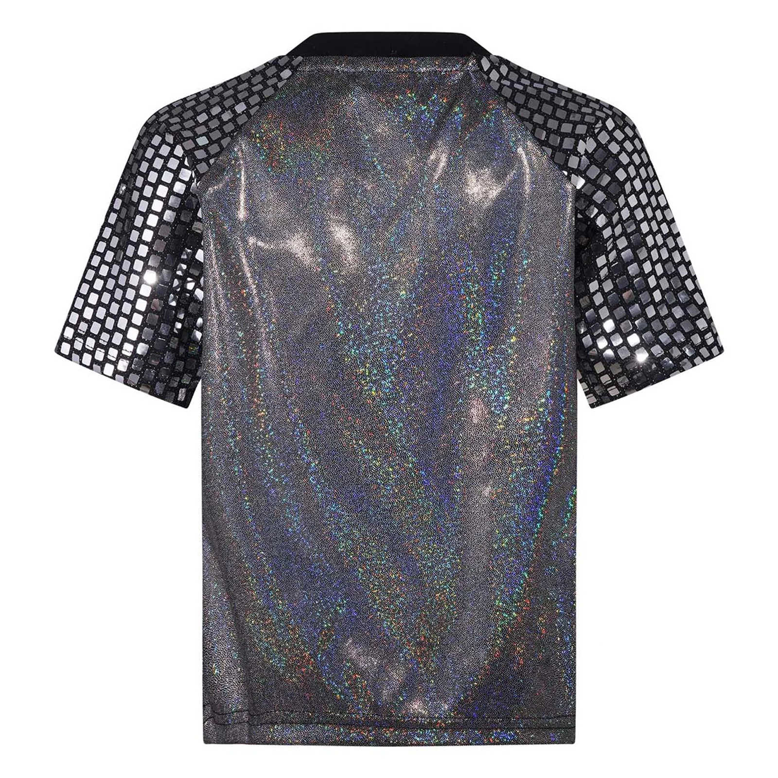 Costumes de danse Jazz Hip Hop unisexes pour enfants, vêtements de danse de spectacle pour filles et garçons, paillettes à carreaux brillants, manches courtes, haut métallique