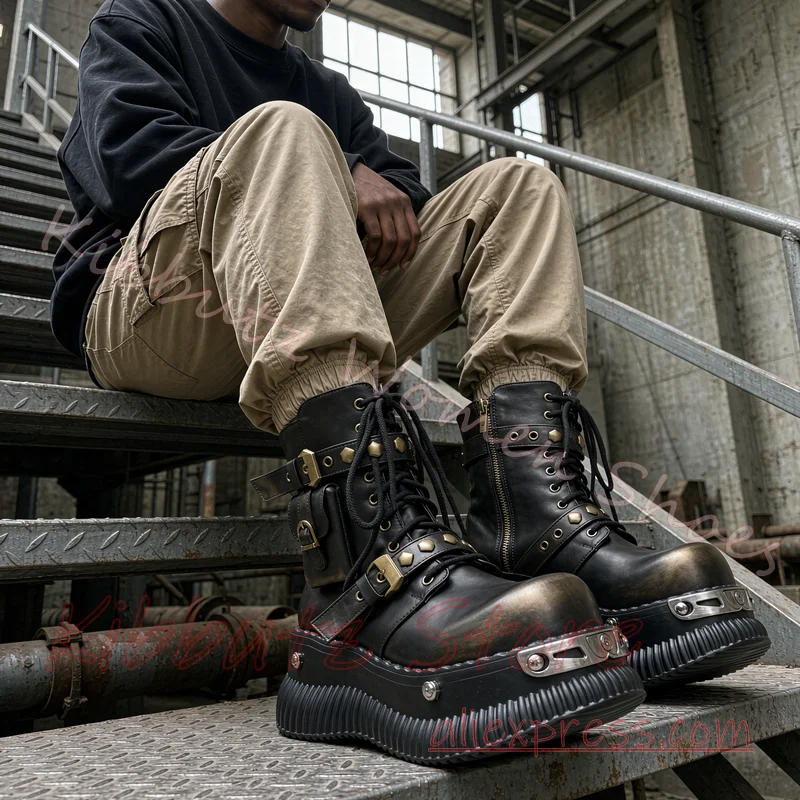 Platform Combat Ankle Boots Women Lace Up Metal Studded Buckle Strap Side Zipper Goth Punk Streetwear Dark Fashion Shoes Concise