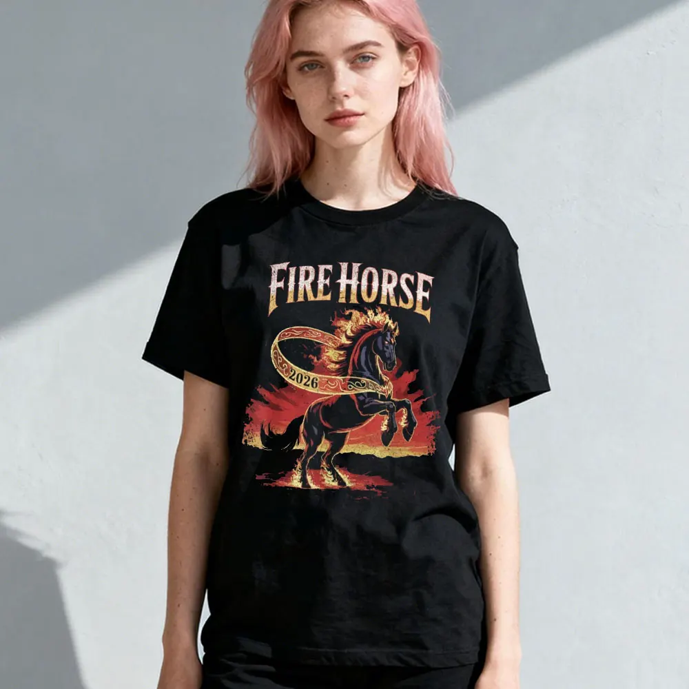 Fire Horse 2026 Zodiac Art Chinese New Year T-Shirt Women Unisex O-neck Tops  Aesthetic Clothes Oversized Clothes Tops