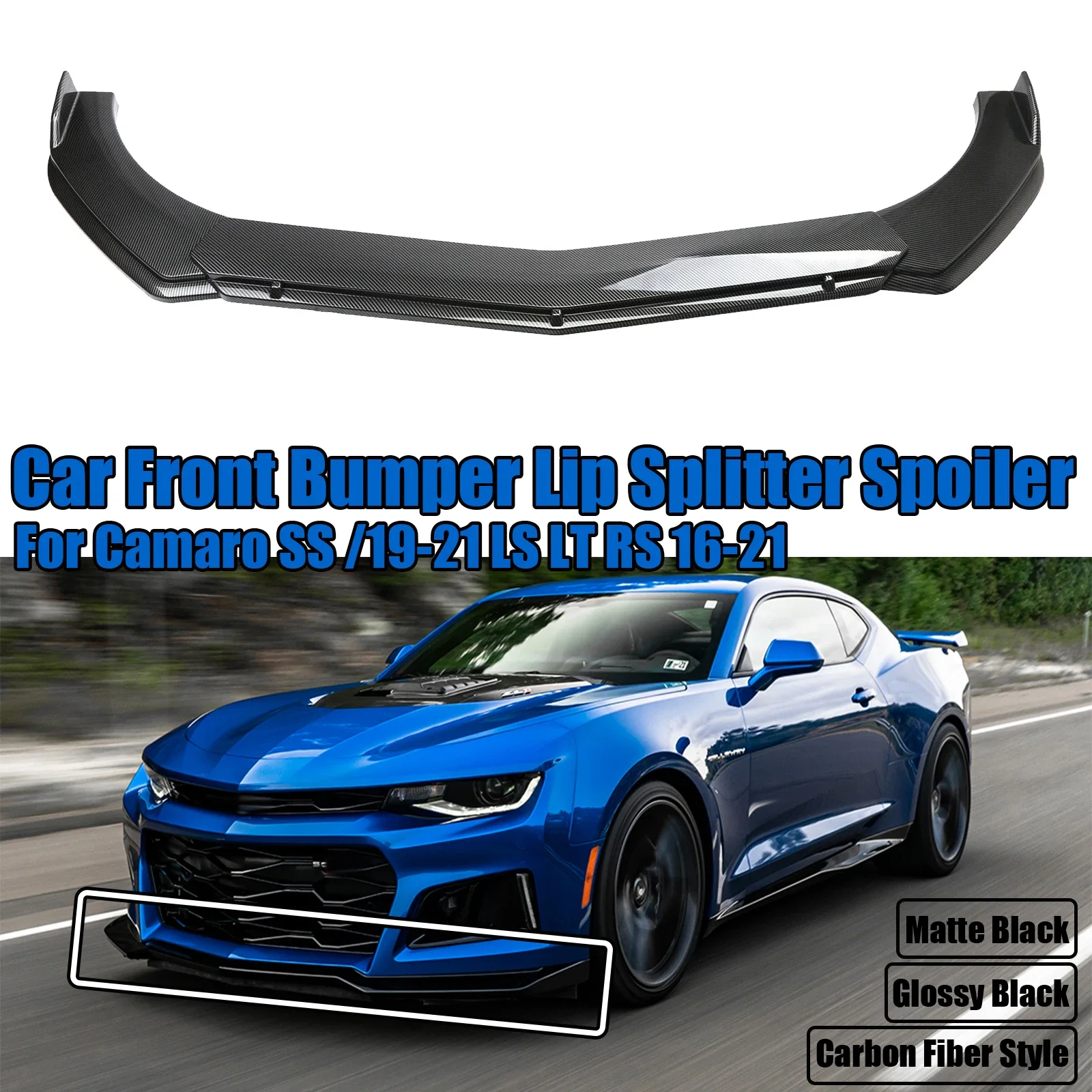 3PCS Car Front Bumper Lip Splitter Spoiler For 2016-2024 Chevy Camaro SS / 2019-2024 LS LT RS Body Kit Carbon Fiber Style