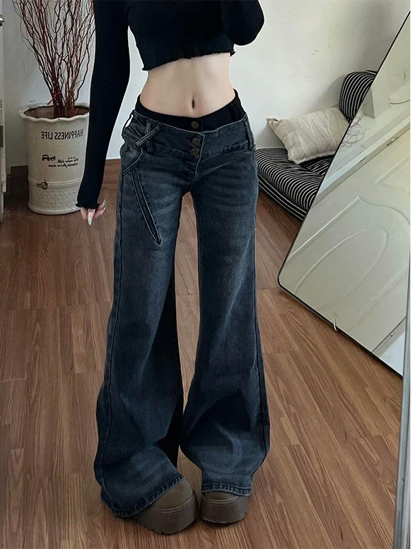 

Американские ретро джинсы с низкой талией для женщин, новый стиль, свободные и персонализированные брюки с пряным дизайном для девочек, потертые расклешенные брюки