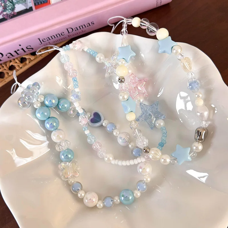 Beaded Pendant Y2K Mobile Phone Charms Heart Cellphone Chain Clouds Stars Phone Strap Korean Anti Lost Phone Lanyard view 4