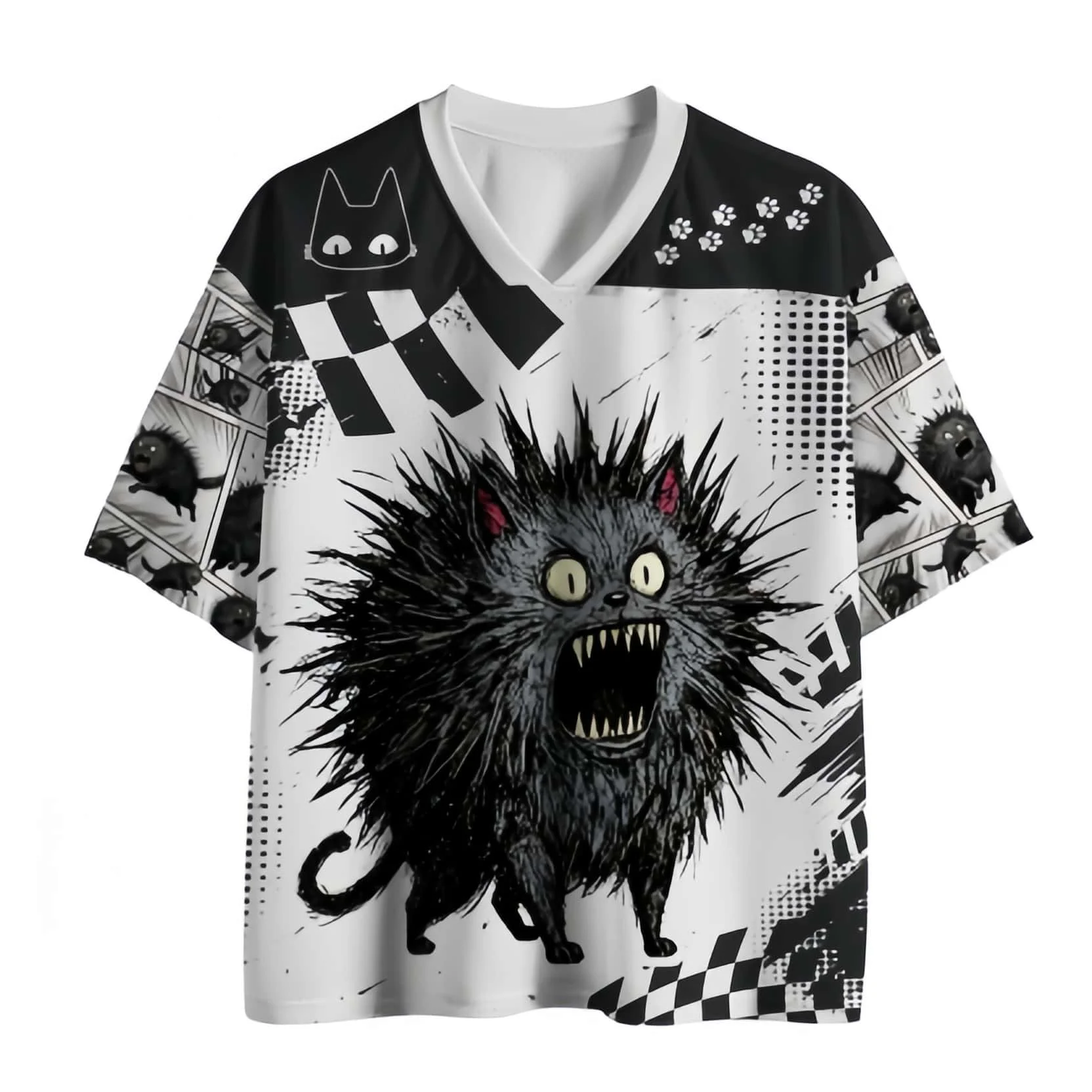 Explosive Fur Roar Black Cat Manga Style Printed Mesh V-neck T-shirt for Men and Women Subculture Loose Casual Short Sleeve Top