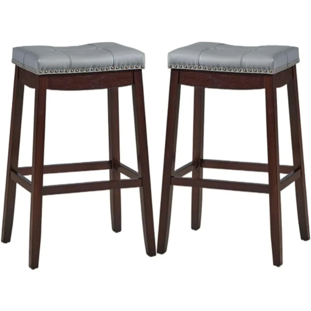

Bar Stools Set of 2-29 Inch Counter Stools Height Solid Wood Legs - Gray PU Cushioned Seats for Kitchen, Bar & Living Room
