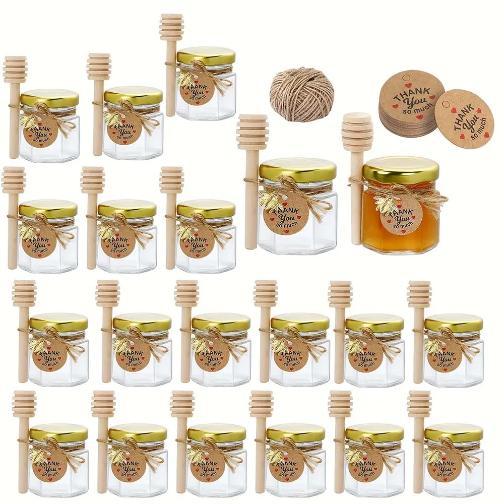 

20 pieces, 1.5 oz mini hexagonal glass honey pot with spoon, bee charm, thank-you card - honey pot with gold lid, suitable for g
