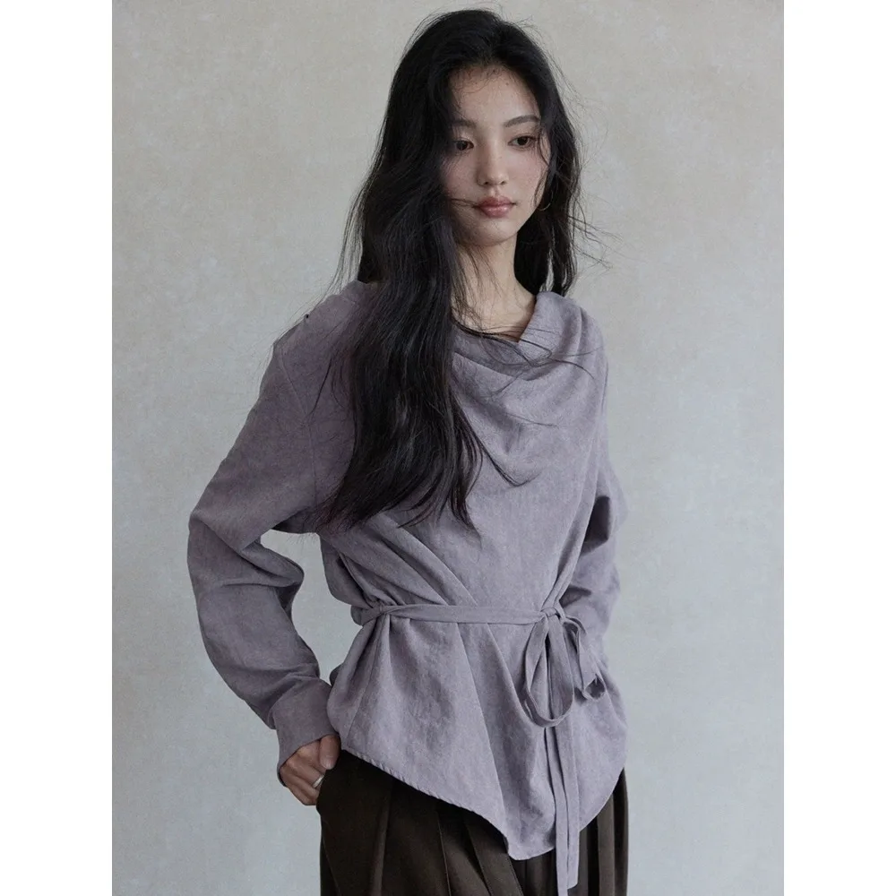 

Chinese Style New Chinese Style Swaying Collar Shirt for Women in Early Spring New Waist-hugging Lace-up Retro Purple Top