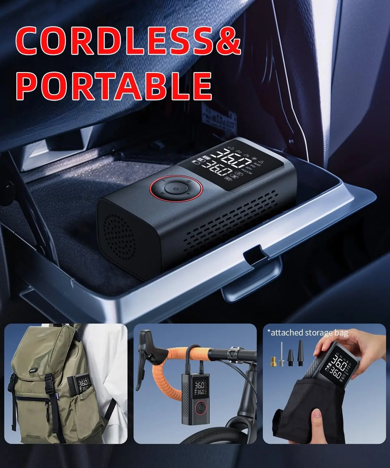 منفاخ إطارات محمول 150 رطل لكل بوصة مربعة ضاغط هواء مع مقياس، مضخة سيارة ودراجة لاسلكية للإطارات وكرة السلة والكرات الرياضية #6