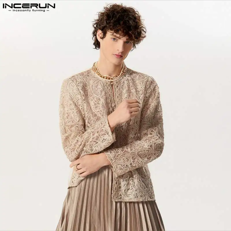 

Fashion Well Fitting Tops INCERUN Handsome Men Perspective Jacquard Button Shirt Leisure Long Sleeved Cardigan Blouse S-5XL 2024