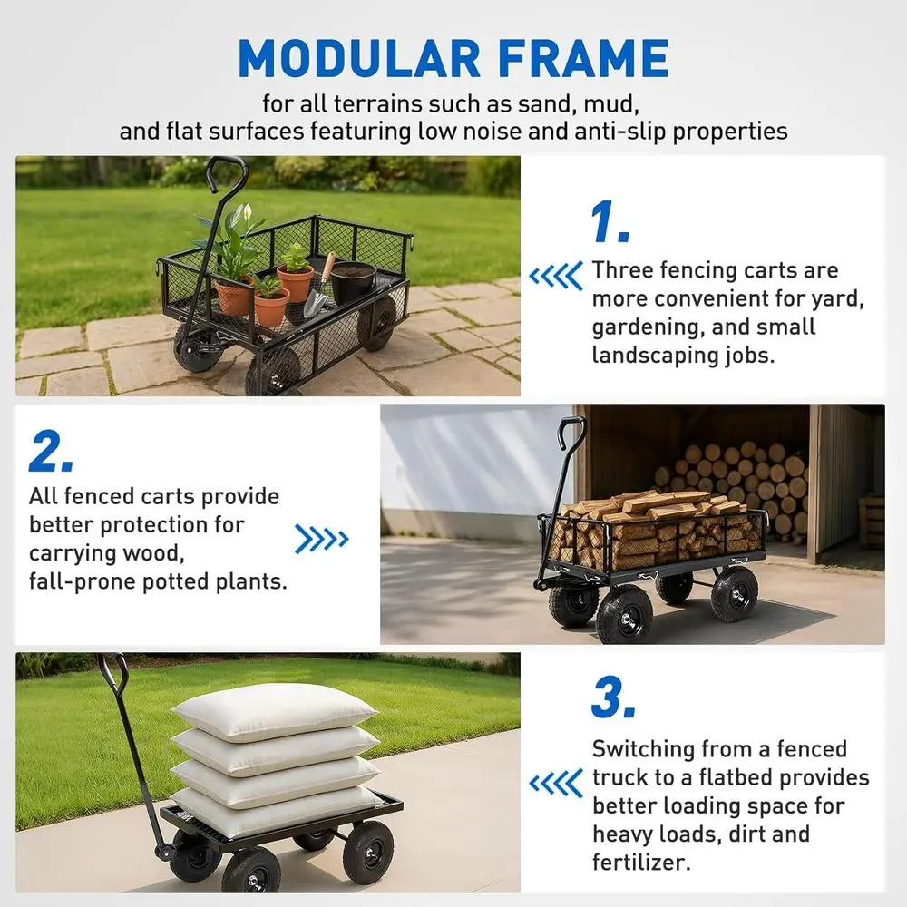 Carros de Jardín de Acero - Carretilla Volcadora de 800 lb con Ruedas Inflables Todoterreno o Brazos para Jardín/Césped - Utilidad Resistente para Exteriores