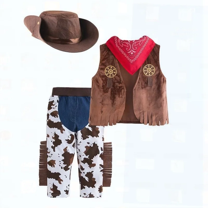Set di costumi cosplay da cowboy occidentale con cappello, vestiti per spettacoli di Halloween per ragazzi, outfit per piantine di ruolo per bambini, produttore cinese