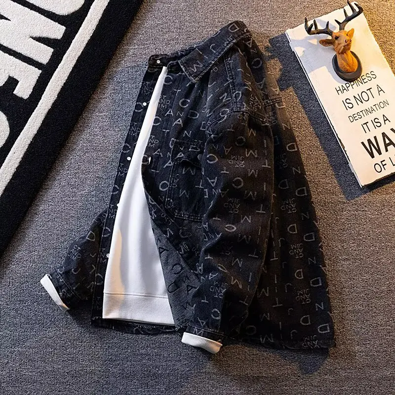 

Retro American Letter Print Denim Jaet for Men Trendy Brand Spring Autumn Youthful Long Sve Casual Outerwear Coat