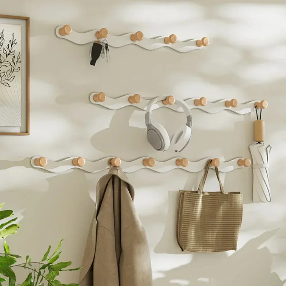 Customizable Creative Wave Iron Hook Row Wooden Coat Rack