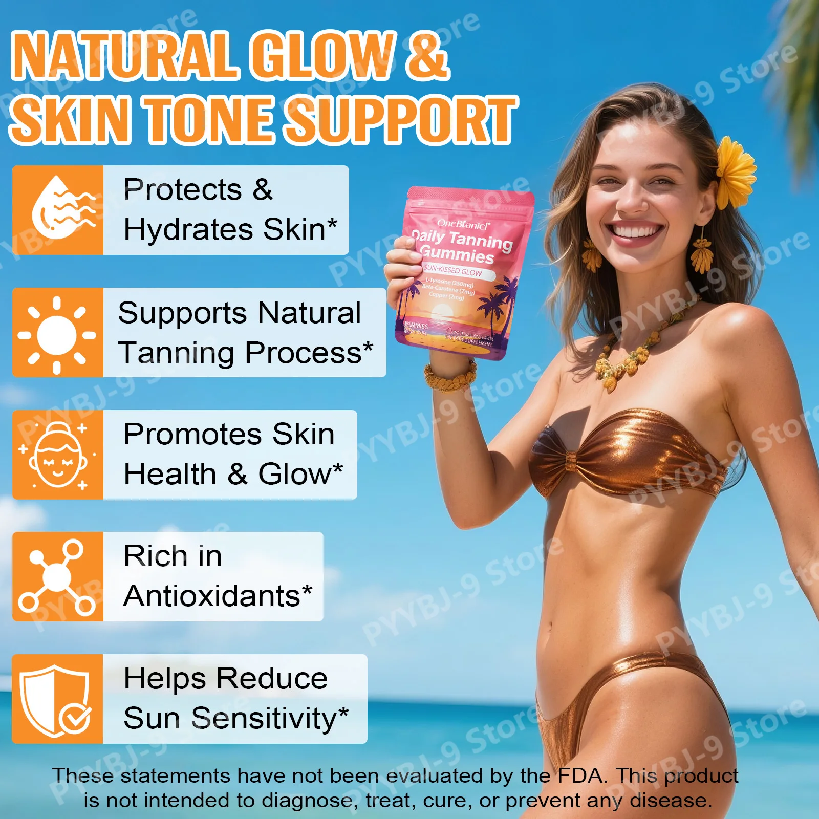 Daily Tanning Gummies Supports Natural Glow, Skin Radiance & Hydration | Vegan, Sugar Free, Non-GMO | Watermelon Flavor 60 Count