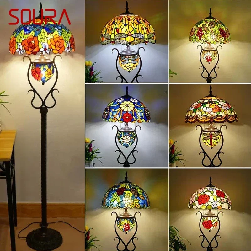 SOURA Tiffany Floor Lamp American Retro Living Room Bedroom Lamp Country  Stained Glass Floor Lamp