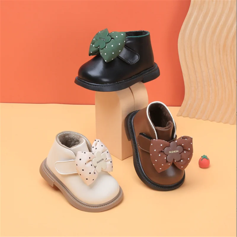 2022 New Autumn/Winter Baby Boots Leather Toddler Kids Boots Butterfly-knot Ankle Fashion Little Boys Girls Warm Boots EU 15-25