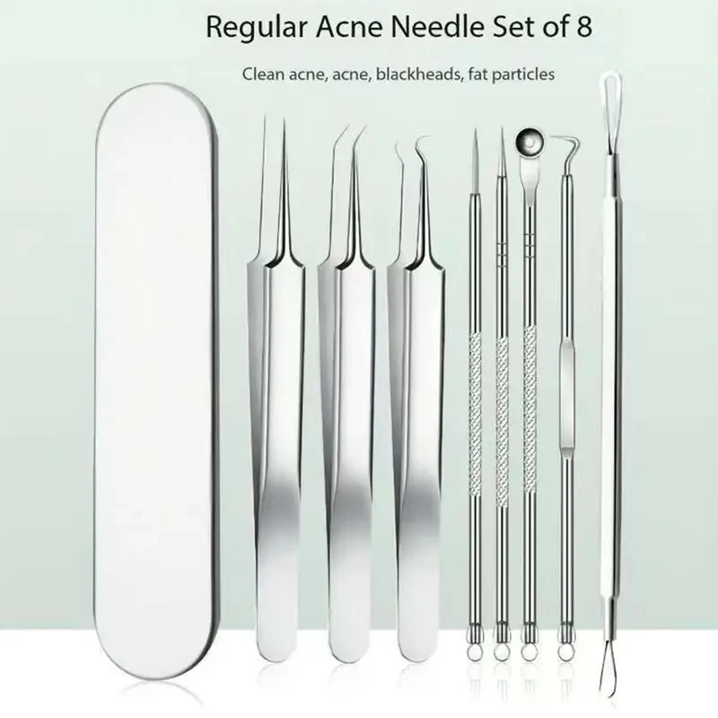 8ピースステンレススチールのにきび除去ツールセット、収納ボックス、にきびクリップピンセット、にきび針ツール、美顔器付き