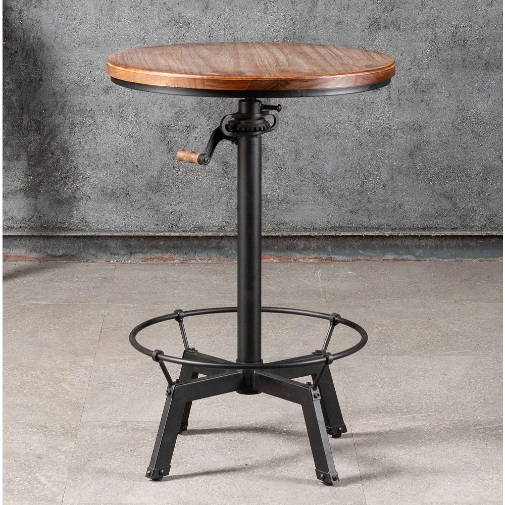 

Whiskey bar table in a small tavern, with a rotating circular wooden top and metal base that can be easily adjusted by a crank