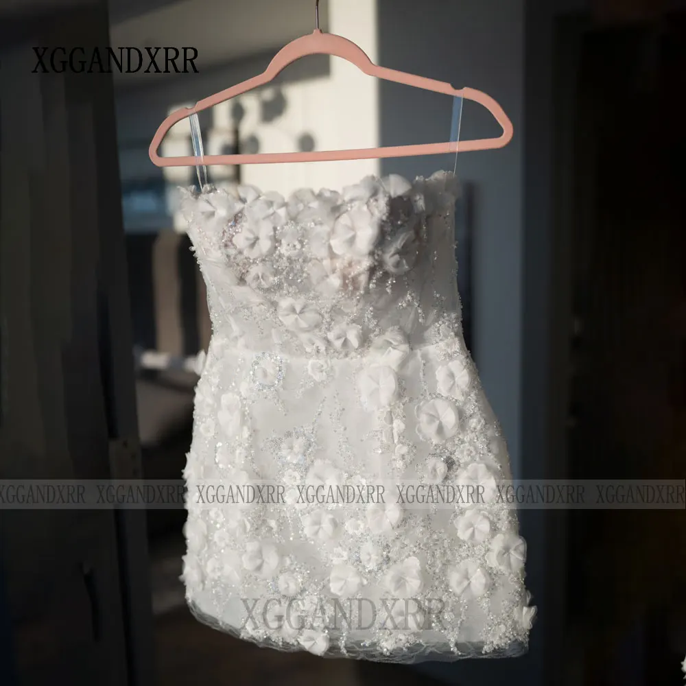 ชุดแต่งงานสั้นหรูหรา ปี 2026 ผ้าลูกไม้ ประดับดอกไม้ 3 มิติ ปักเลื่อม แขนยาวถอดได้ ชุดเจ้าสาวแบบมินิ  สามารถสั่งตัดได้