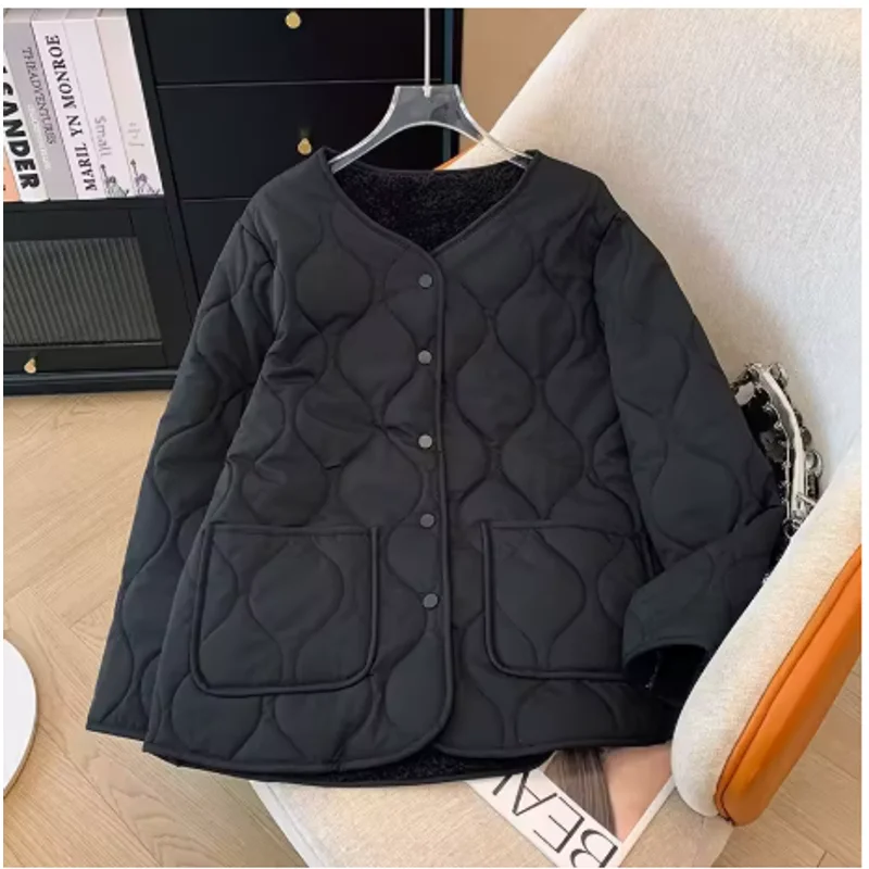Warm Lamb Fur Splicing Lightweight Diamond Grid Winter Korean Loose Small Fragrance Style Diamond Grid Cotton Jacket Women