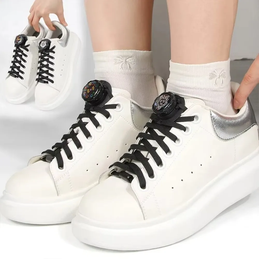1pair Hands-Free No-Tie Laces Wide Flat Rotating Buttons Rotating Buttons Laces Quick-Adjust No-Tie Lazy Shoelace