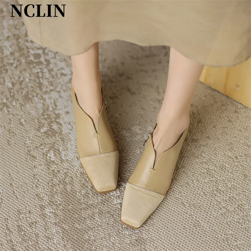 2024 Herbst Echt leder Slipper Französisch Square Toe Chunky Heel High Heels Winter Frauen Pumps Schuhe für Frauen Zaptos Mujer