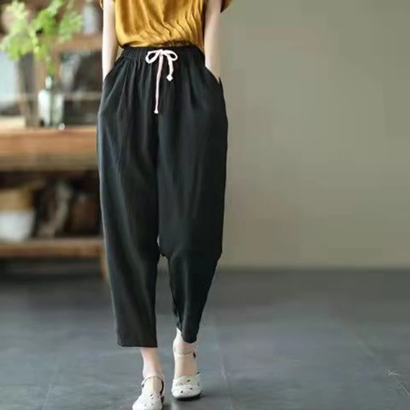 Fashion Cotton Linen Harem Pants Women Summer Loose High Waist Elastic Ankle-length Pants Retro Pockets Solid Lady Casual Pants