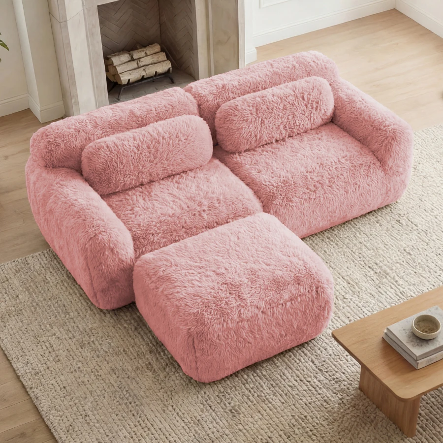 L-shaped Boneless Sofa, Soft Fluffy Plush Fabric, With Chaise 32D High Density Sponge, No Assembly Required, Ergonomic Design B