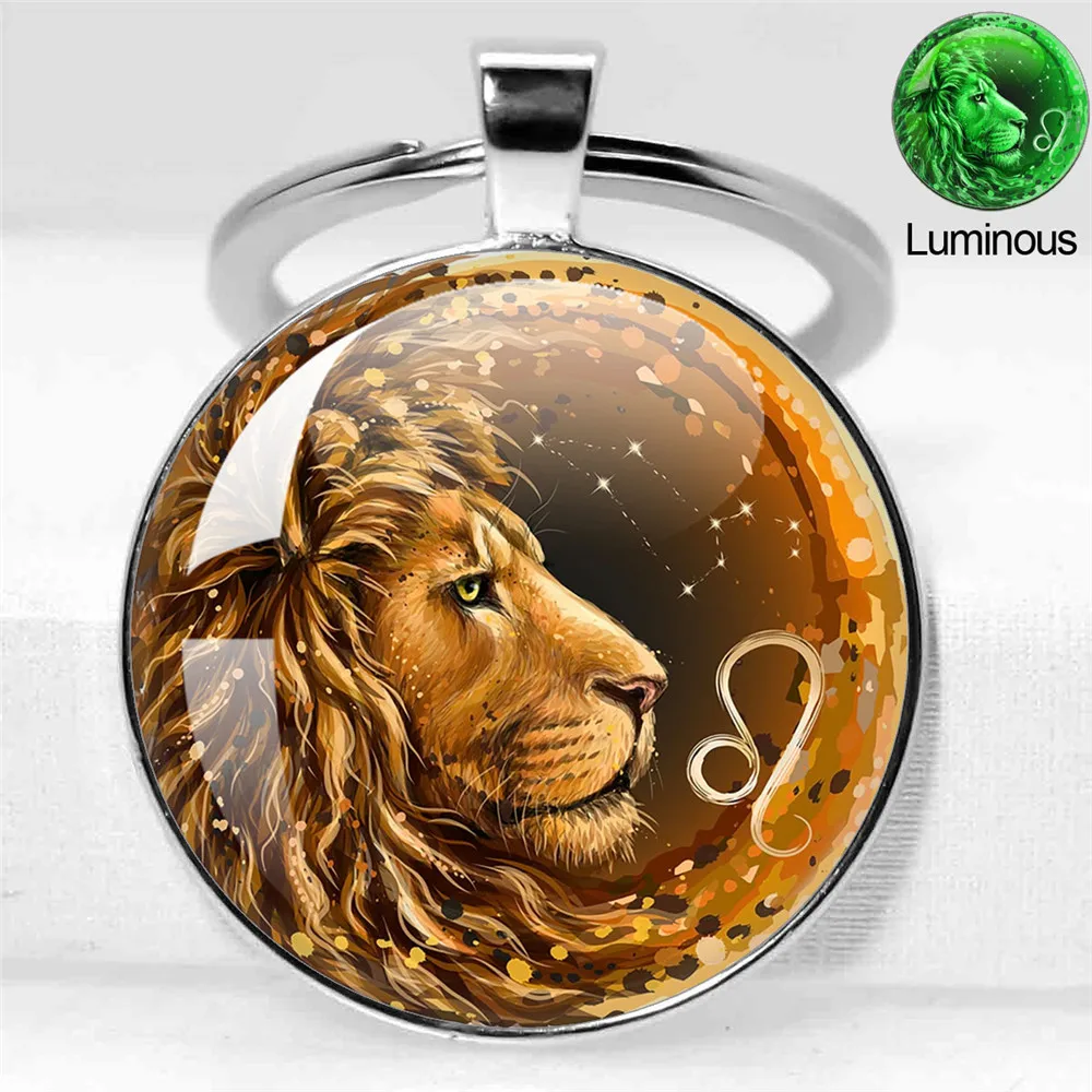 Zodiac Sign 12 Constellation Luminous Animals Photo Glass Pendant Keychain Bag Car Keychain Holder Charms Keychain