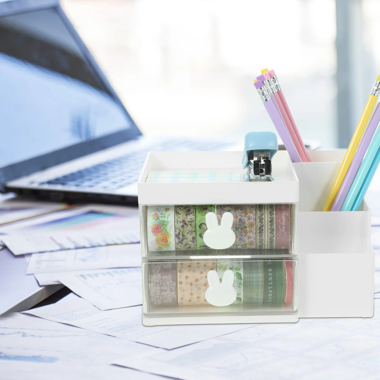 Holder Desktop Pen Storage Box Drawer-type Office Stationery Cosmetics Multi-Function Organizing Rack (White) Holders Organizer