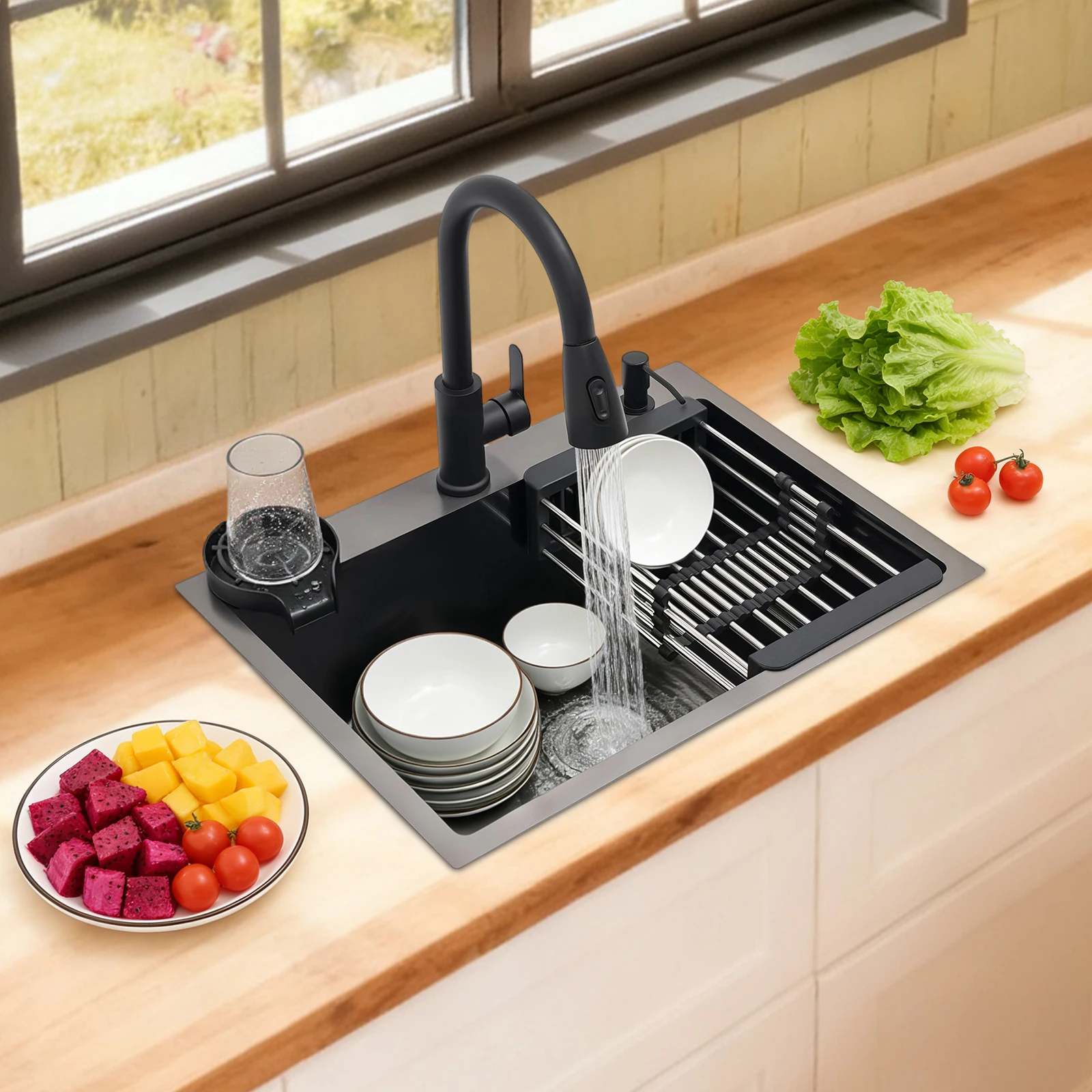 Set di lavello da cucina nero, lavello da lavoro in acciaio inossidabile, lavello da bar con una sola vasca e rubinetto estraibile, vasca rettangolare profonda con rivestimento nanotecnologico, adatto