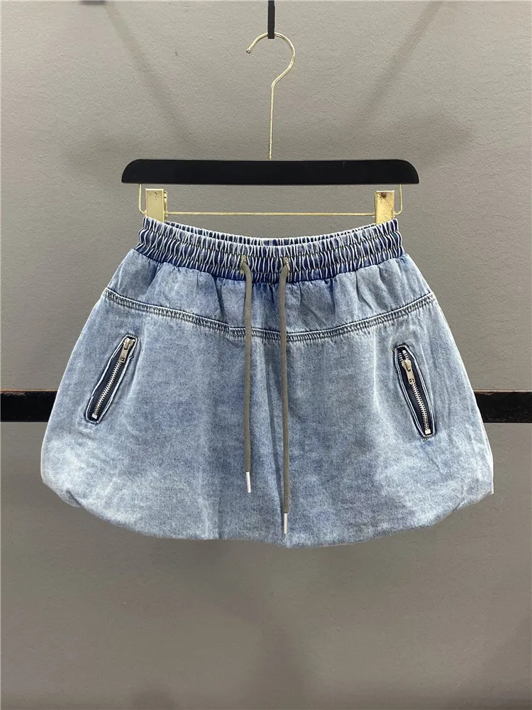 

Retro Bouffant Workwear Denim Half Skirt Women's Zip Design Slimming A-Line Fluffy Short Skirt Casual High Waist Cotton Polye...