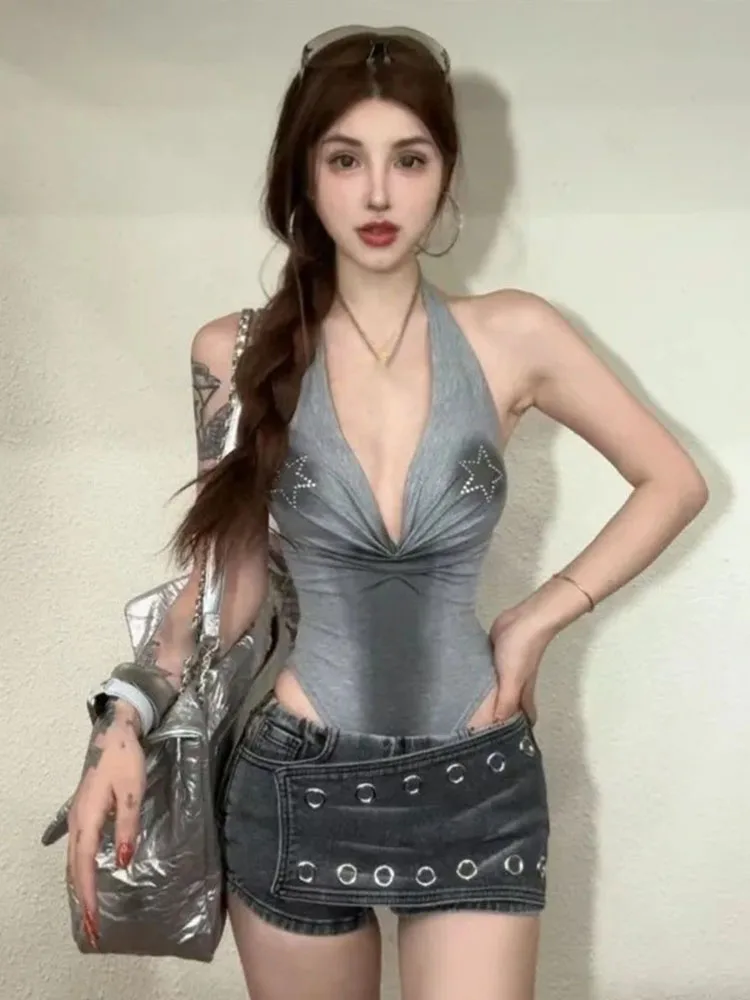 Sexy Bodysuits Women Halter V Neck Slim Sleeveless Clubwear Fashion Star Y2k Harajuku Ladies Rompers Tops Casual