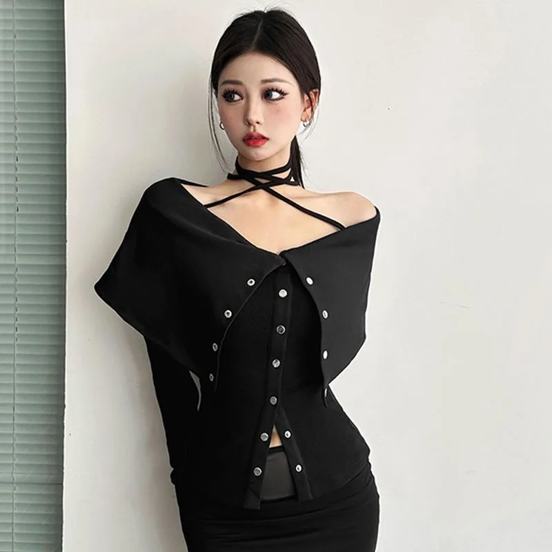 Neploe Y2k Large Lapel Off Shoulder T-shirts Spring New Slim Fit Black Tops Women Single Breasted Long Sleeve Tee Shirt