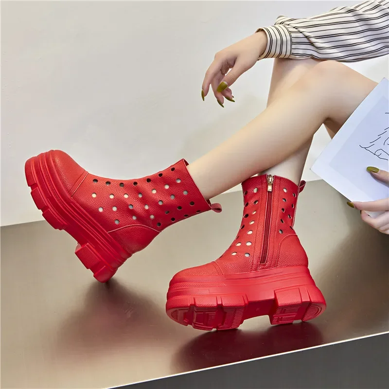 

9.5cm Cow Genuine Leather Woman Fashion Sandals Shoes Ankle Breathable Summer Hollow Moccasins Motorcycle Booties Boots