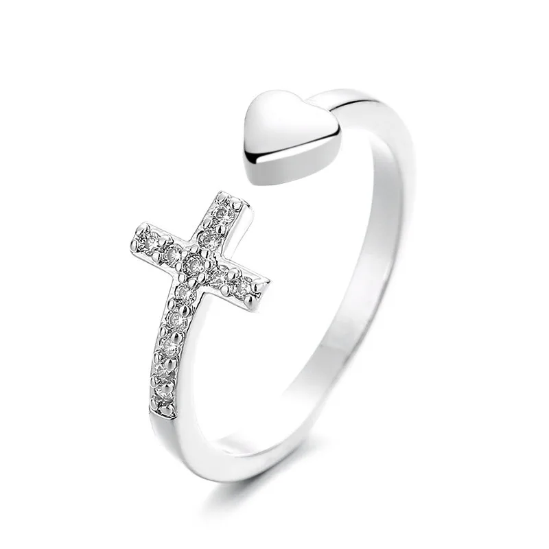 Hot jewelry Fashion diamond-encrusted cross love open ring Heart women's ring everything goes with women's shamrock party